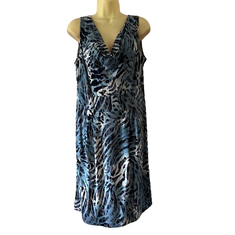 Clara S Blue Animal Print Knit Dress Woman Size Medium Sleeveless Waterfall Neck